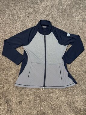Peter Millar Women’s Golf UPF 50 Stripe Navy and Light Gray Zip Up jacket Size L